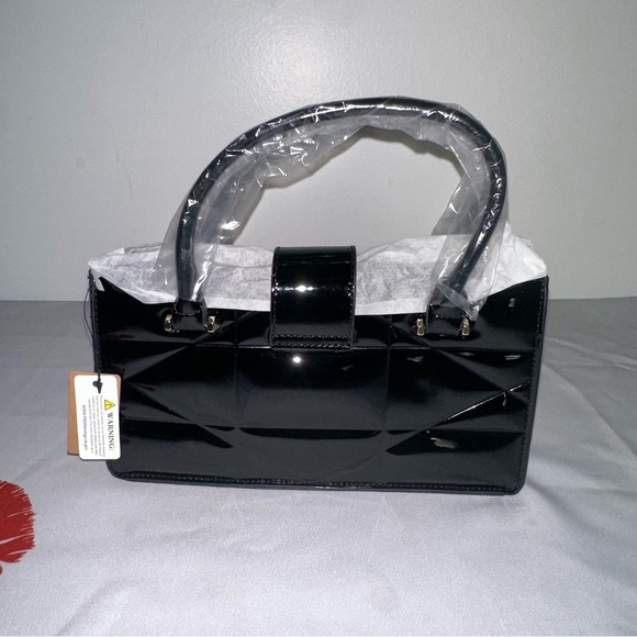 Black Faux Patent Leather Convertible Top Handle Swing Bag - Picture 3 of 13